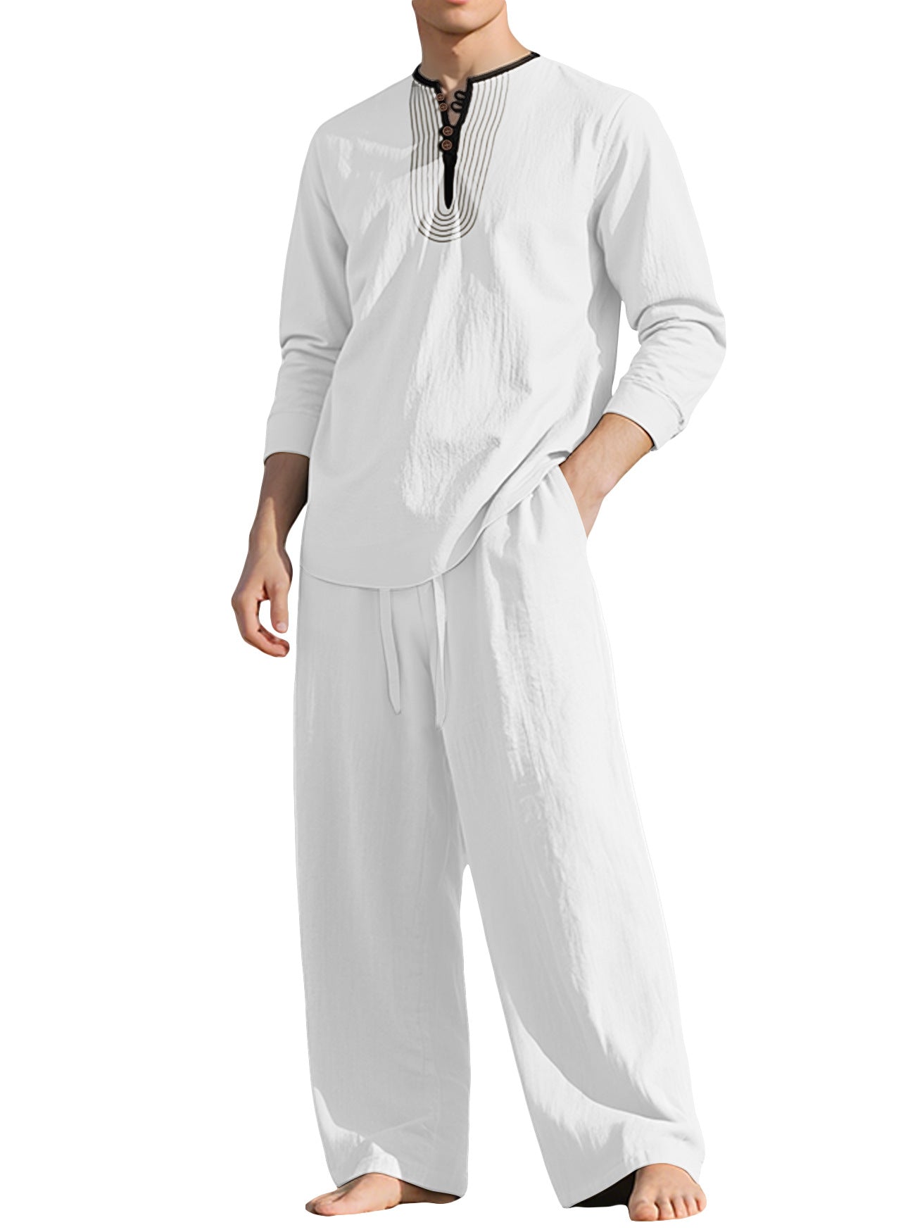 Herren nan Tunika- und Palazzohose-Set mit Henley-Blende, Zierstickerei und weitem Schnitt R&B