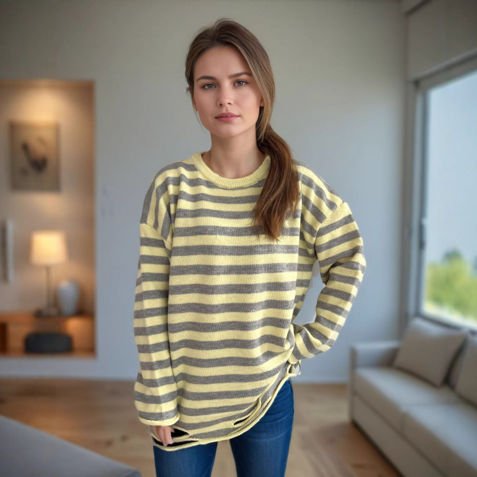 Damen lässiger Oversize-Pullover mit breiten Streifen R&B
