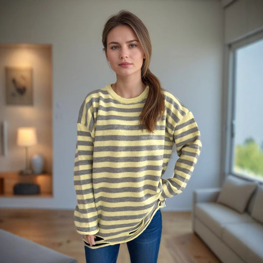 Damen lässiger Oversize-Pullover mit breiten Streifen R&B
