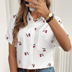 Damen Kurzarm Bluse mit Kirschmotiv und Tasche R&B