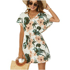 Damen Freizeit V-Ausschnitt Kordelzug Mini Kleid R&B