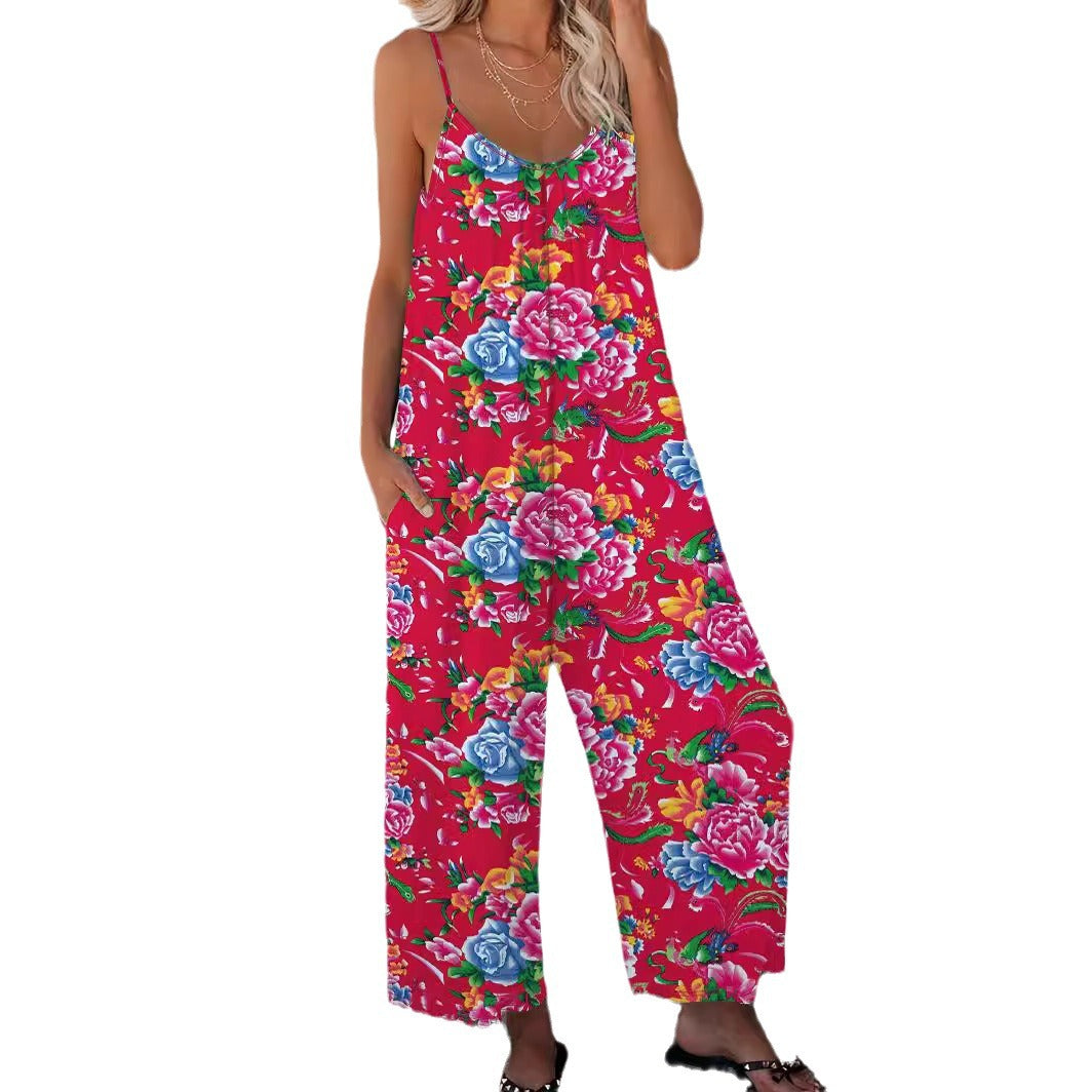 Damen Luftiger Jumpsuit mit floralem Design und verstellbaren Trägern R&B