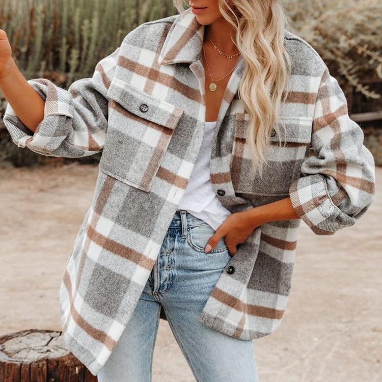 Damen Flanell Overshirt mit kariertem Muster und praktischen Brusttaschen R&B