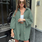 Damen Lässiges Zweiteiliges Set aus leichtem Baumwollmaterial mit oversized Hemd und Shorts R&B