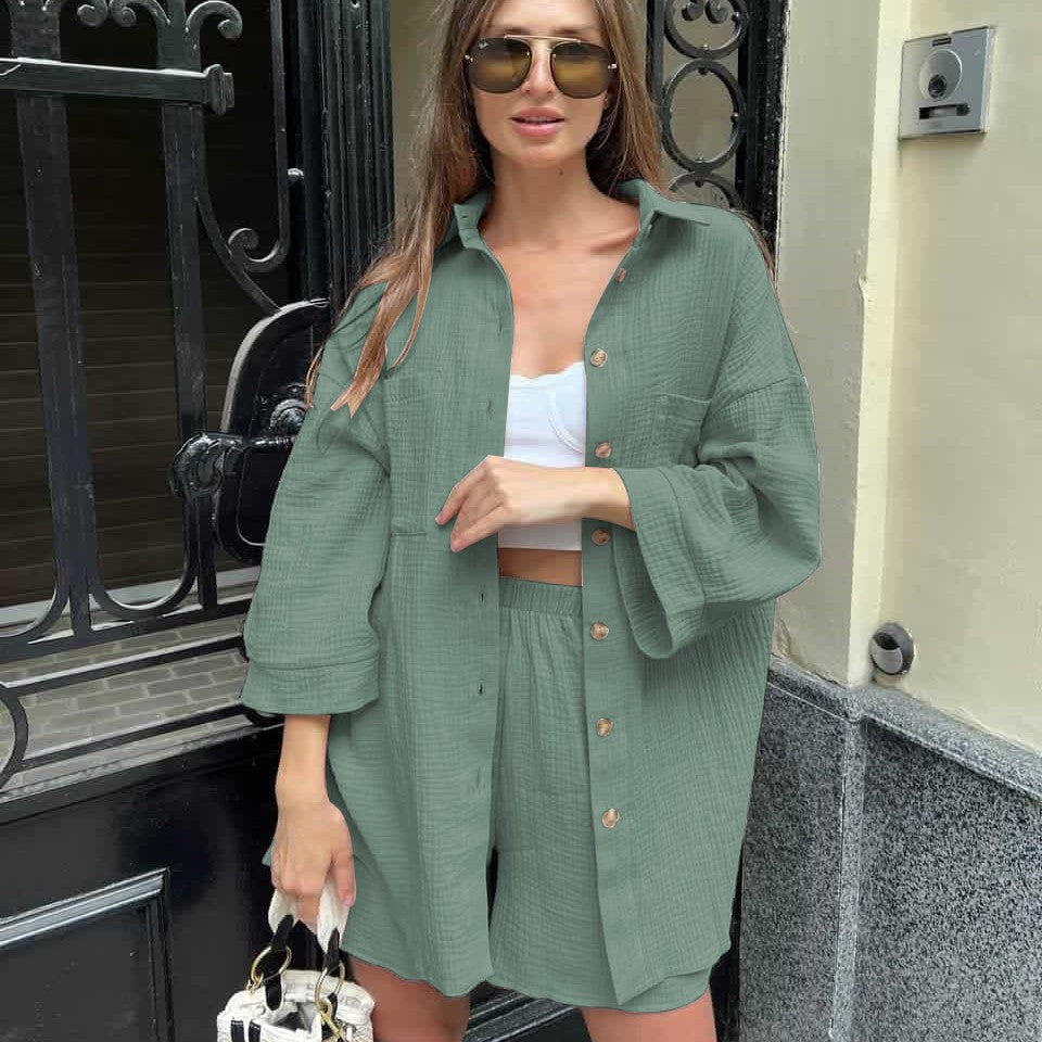 Damen Lässiges Zweiteiliges Set aus leichtem Baumwollmaterial mit oversized Hemd und Shorts R&B