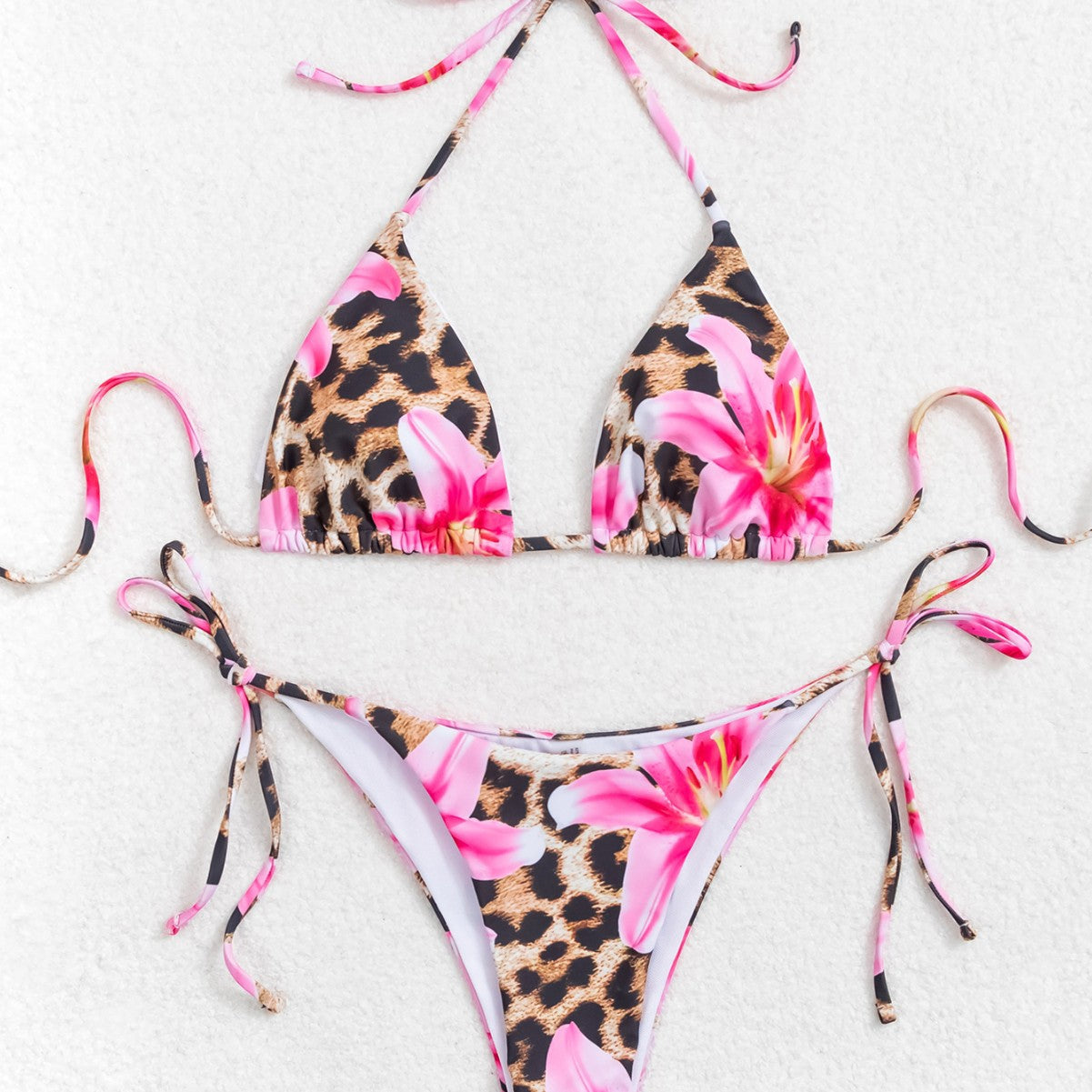 Damen Triangel-Bikini mit floralem Leopardenmuster und verstellbaren BindR&Bändern R&B