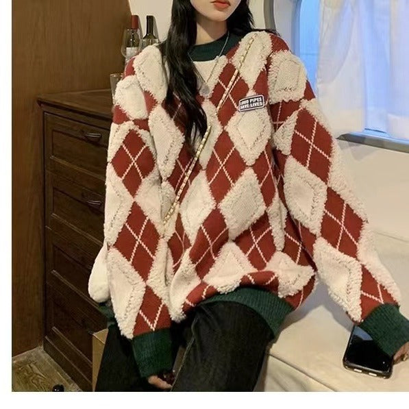 Damen Flauschiger Pullover mit modernem Rhombenmuster und lässigem Schnitt R&B