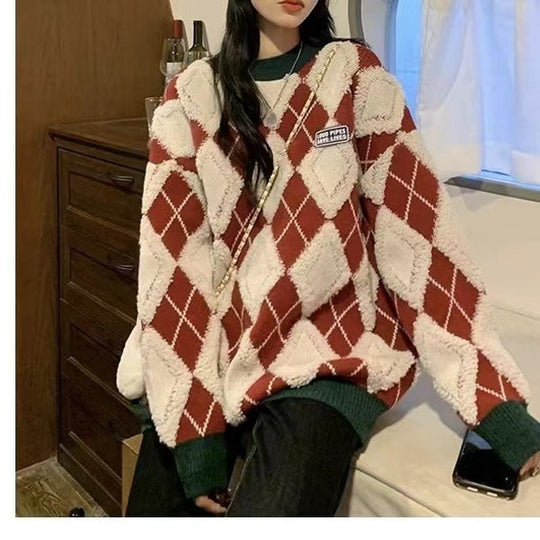 Damen Flauschiger Pullover mit modernem Rhombenmuster und lässigem Schnitt R&B
