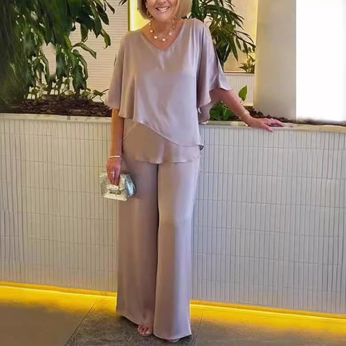 Damen Zweiteiler-Set mit fließendem Oberteil und weitem Hosen R&B