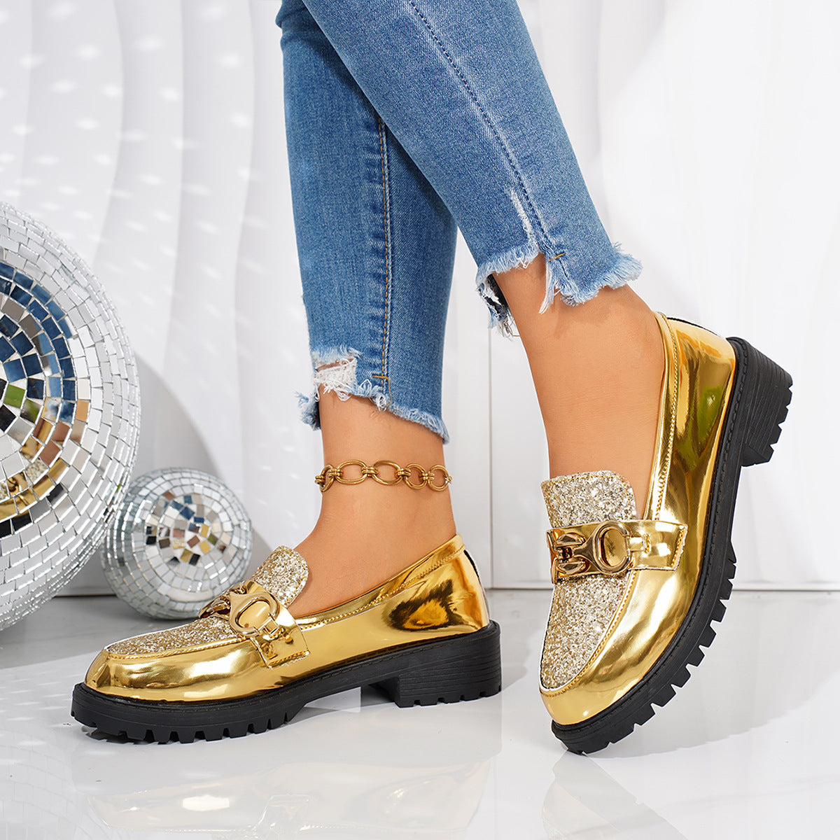 Damen Glitzernde Mokassins mit modischem Kettenakzent und rutschfester Sohle R&B