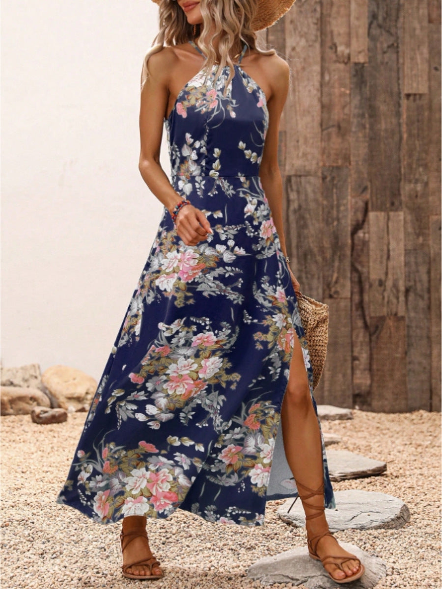 Damen Maxikleid mit elegantem Halter-Ausschnitt und floralem Design R&B