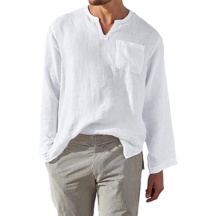 Herren Leinen Langarmshirt mit Henley-Ausschnitt und Brusttasche R&B