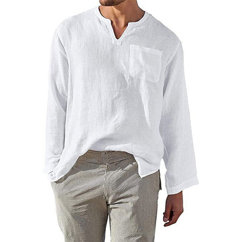 Herren Leinen Langarmshirt mit Henley-Ausschnitt und Brusttasche R&B