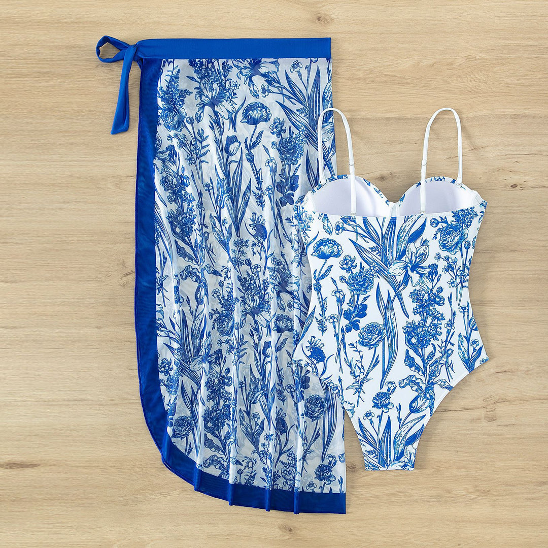 Damen Bademode mit floralem Muster und transparenter Sarong-Hülle R&B