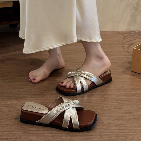 Damen elegante Sandaletten mit funkelnden Perlenakzenten R&B