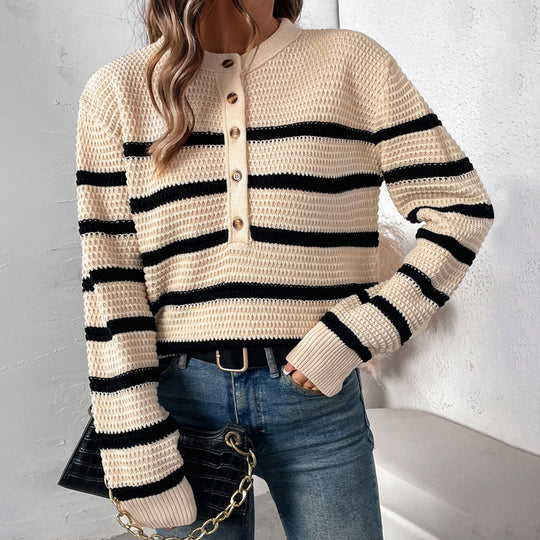 Damen gestreifter Strickpullover mit Knopfleiste und lässigem Schnitt R&B