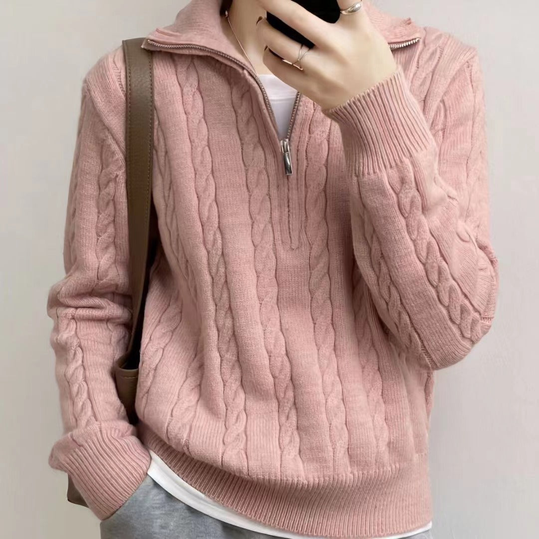 Damen kuscheliger Strickpullover mit hochschließendem Kragen und Zipper R&B