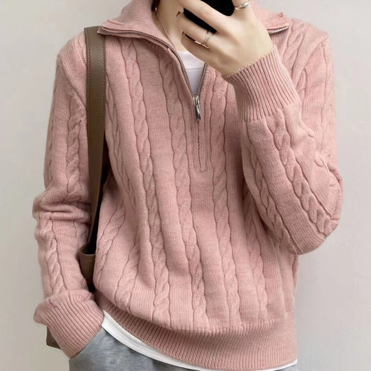 Damen kuscheliger Strickpullover mit hochschließendem Kragen und Zipper R&B