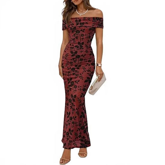 Damen elegantes Off-Shoulder Maxikleid mit floralem Muster und elastischem Einsatz R&B