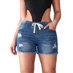 Damen Denim-Shorts mit elastischem Bund und modischen Destroyed-Details R&B