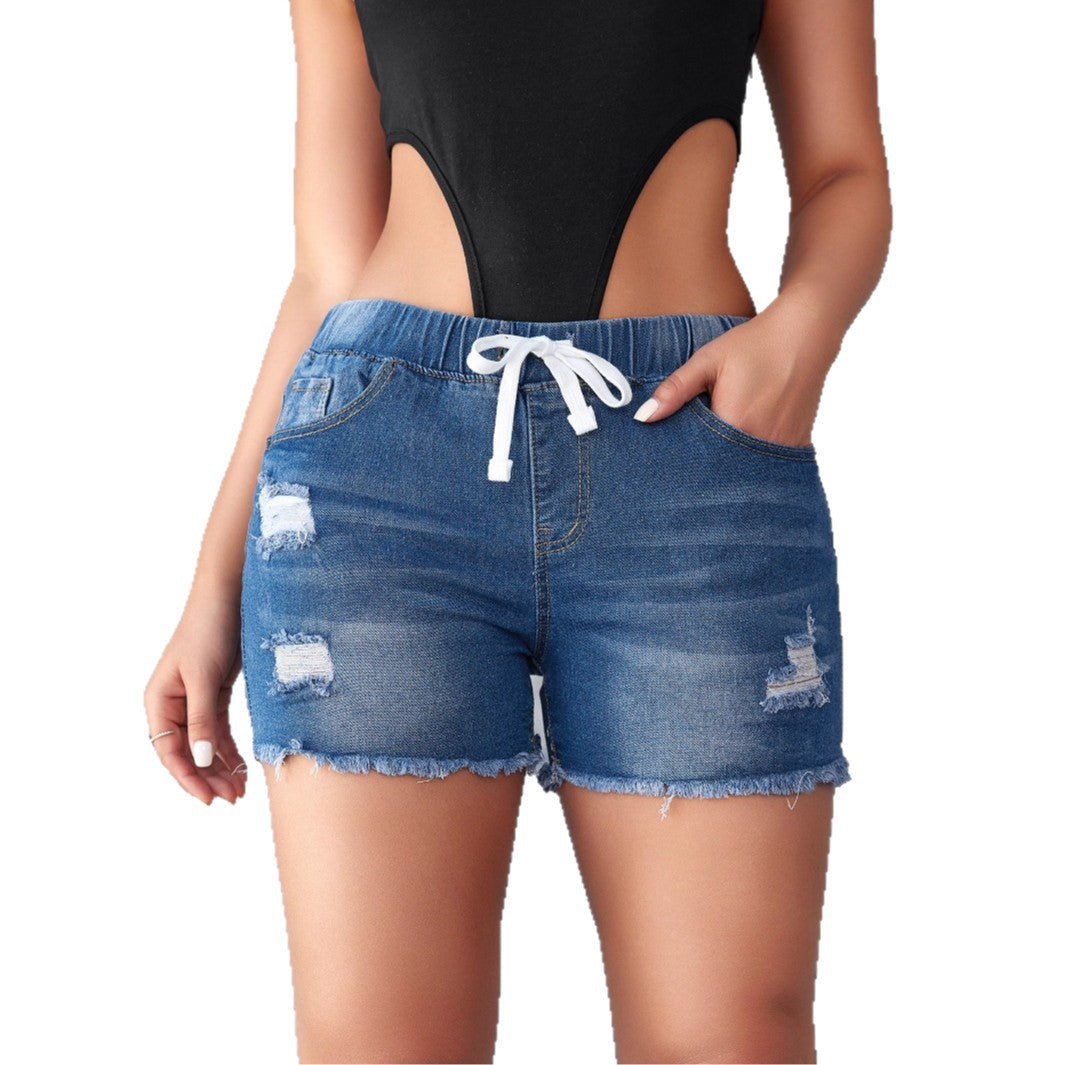 Damen Denim-Shorts mit elastischem Bund und modischen Destroyed-Details R&B
