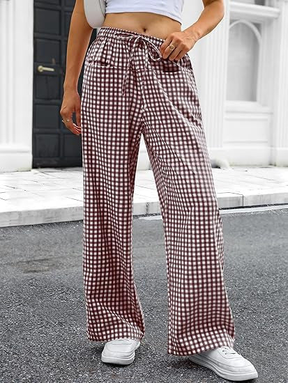 Damen Weit geschnittene Karohose mit elastischem Bund und praktischen Taschen R&B