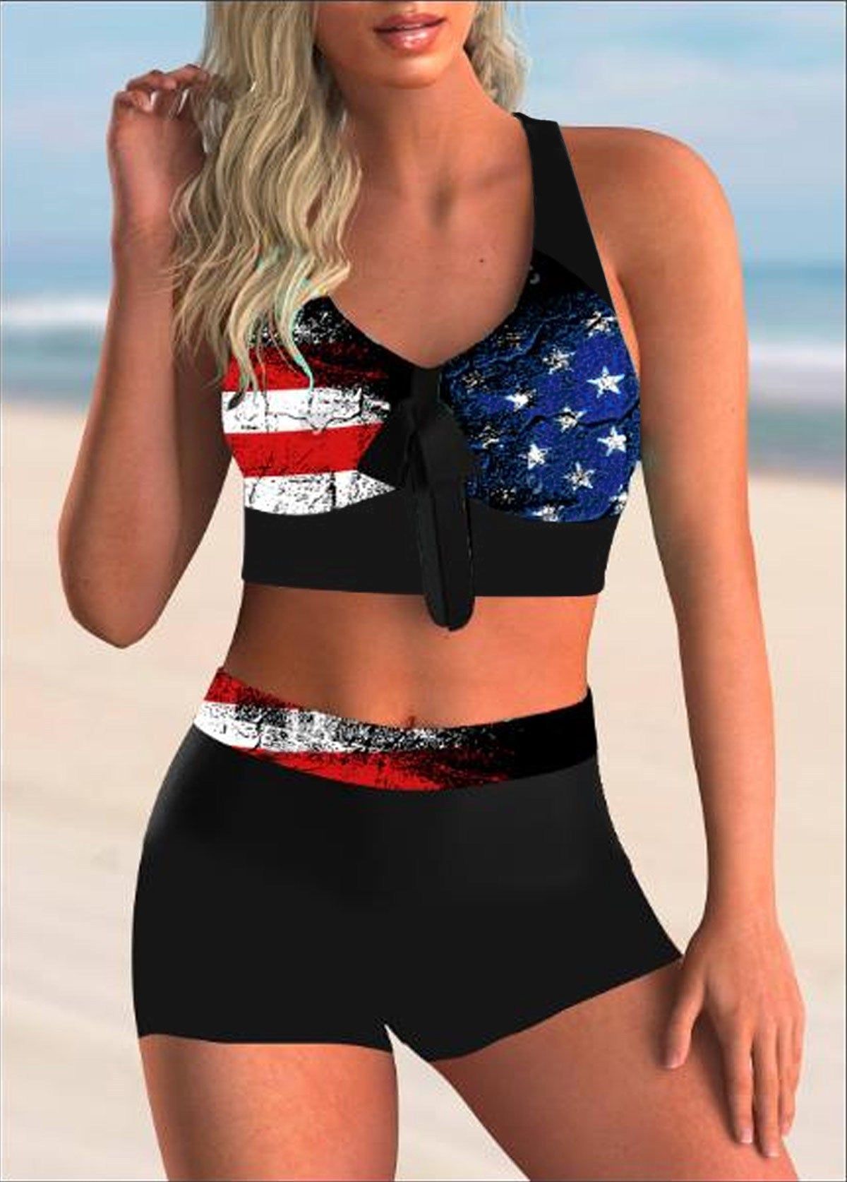 Damen Sportliches Bikini-Set mit verknotetem Oberteil und bequemen Shorts R&B