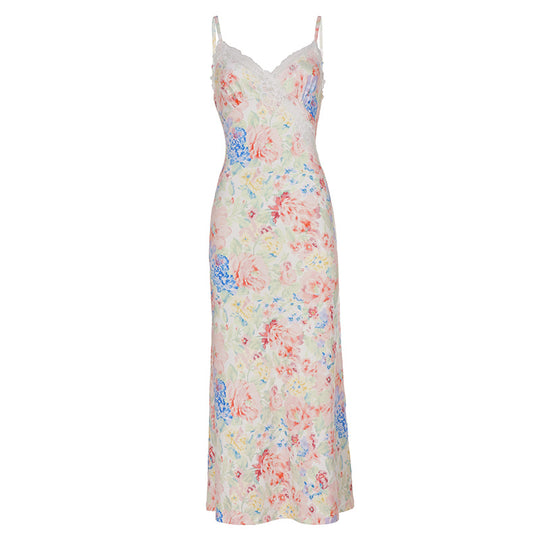 Damen Maxikleid mit romantischem Blumenmuster und zarter Spitze R&B