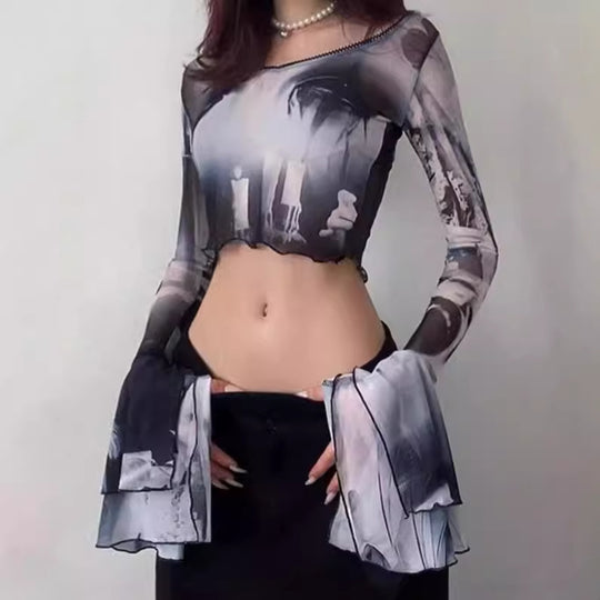 Damen Crop-Top mit transparenten Ärmeln und kunstvollem Druck R&B