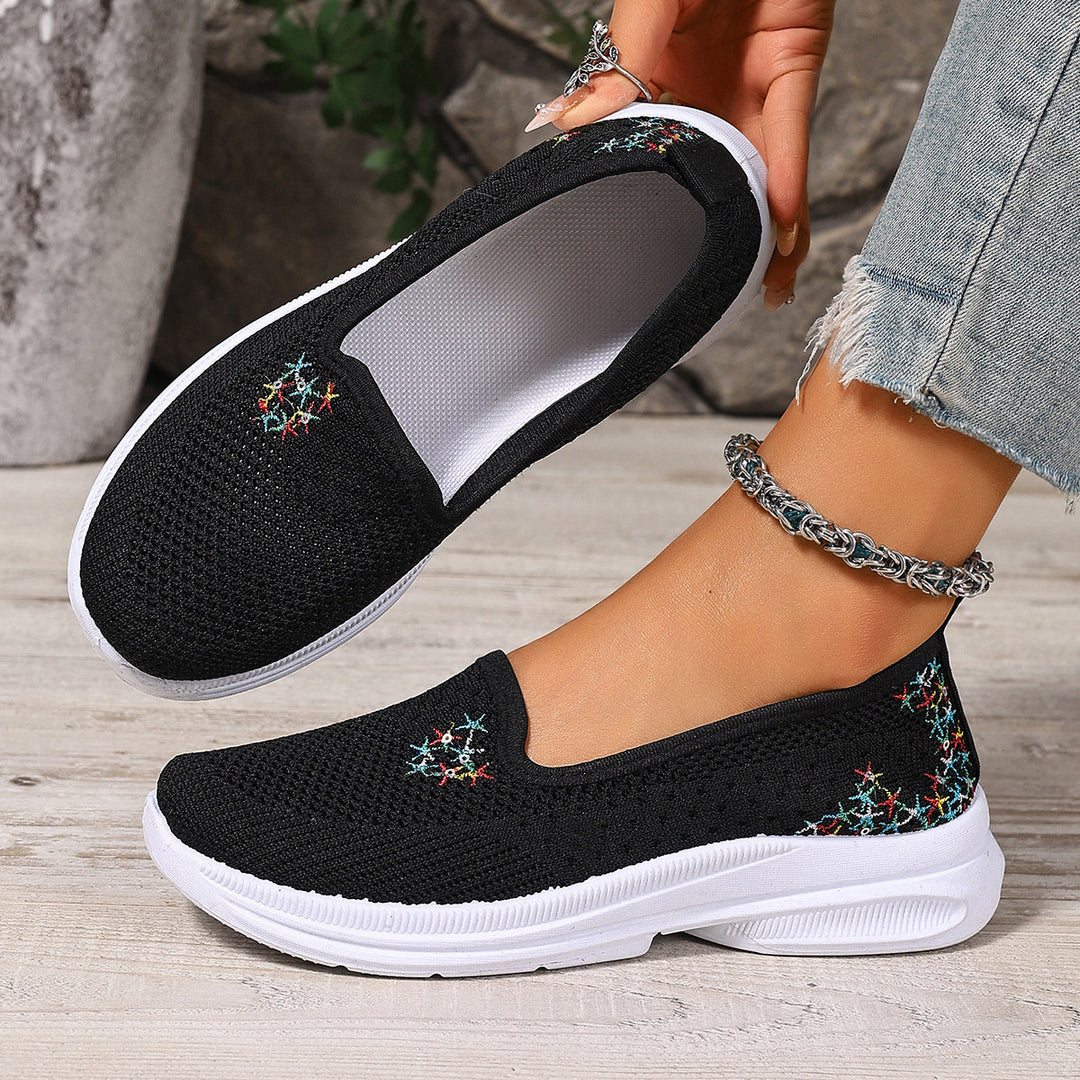 Damen Bequeme Slip-On Schuhe mit atmungsaktiver Strickoberfläche und floralem Muster R&B