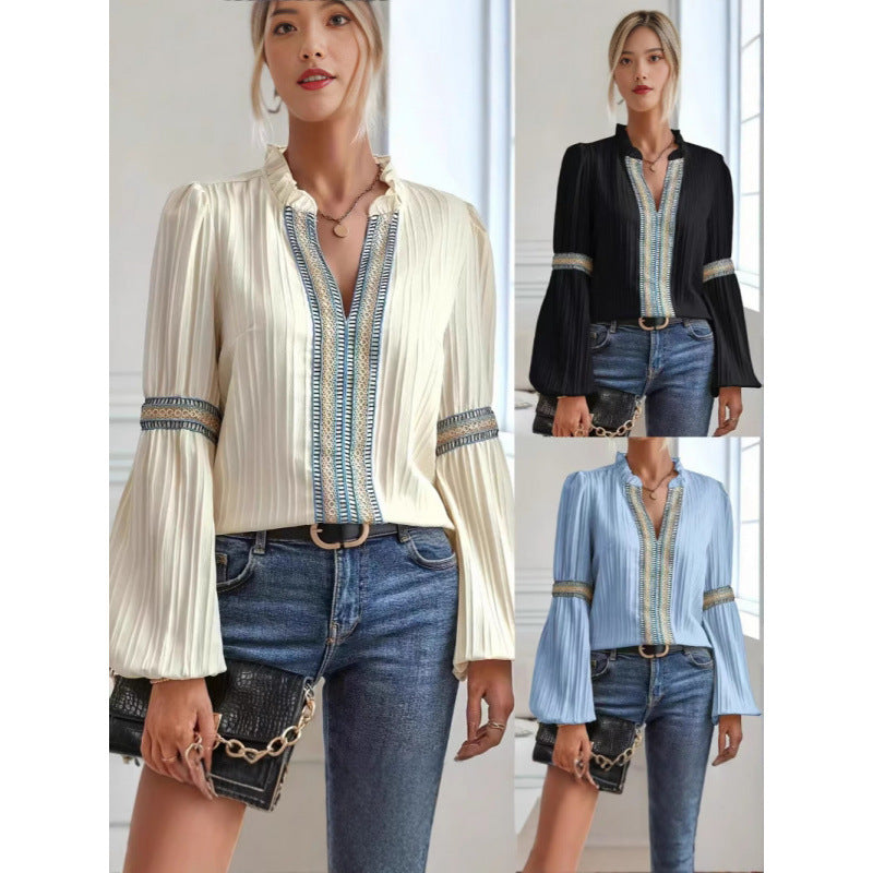Damen elegante plissierte Bluse mit verzierten Besätzen R&B