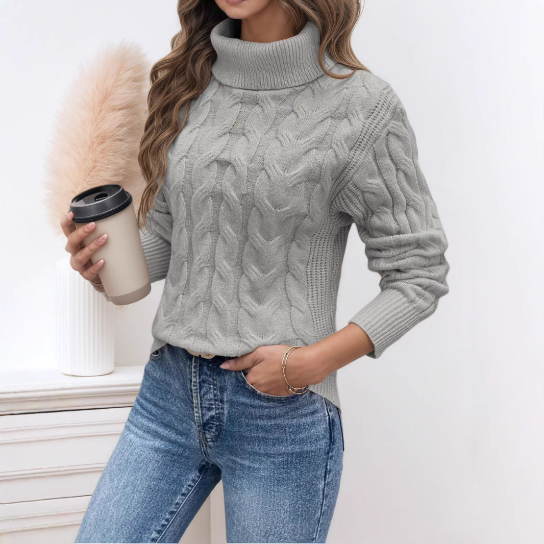 Damen Strickpullover mit hohem Kragen und Zopfmuster R&B