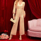 Damen Funkelnder Pailletten-Jumpsuit mit weitem Bein und langen Ärmeln R&B