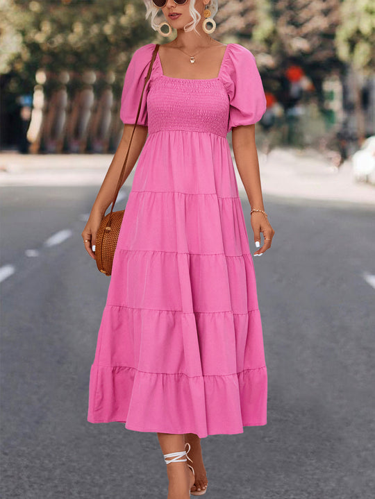 Damen Midi-Kleid mit elastischer Taillierung und voluminösen Puffärmeln R&B