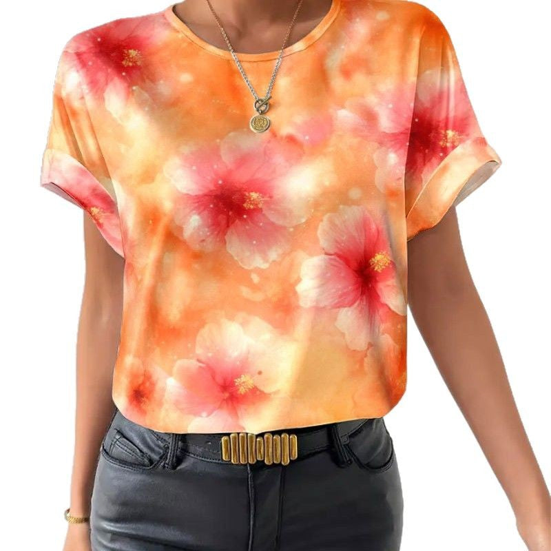 Damen nan lockeres Kurzblusen-Shirt in Seidenoptik mit Aquarellblütenprint und Umschlagärmeln R&B