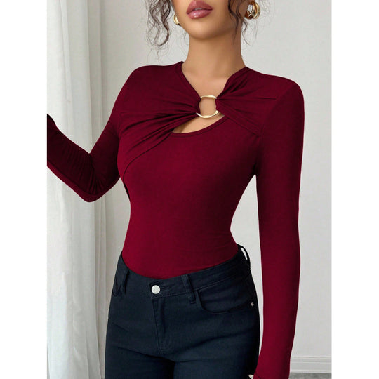 Damen Bodysuit mit dekorativem Ring-Detail und langem Arm R&B