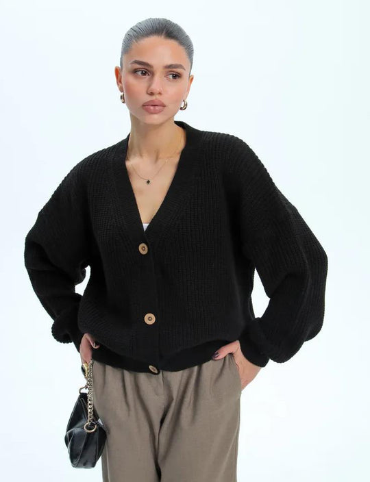 Damen lässiger Strickjacke mit voluminösen Ärmeln und modernen Knopfdetails R&B