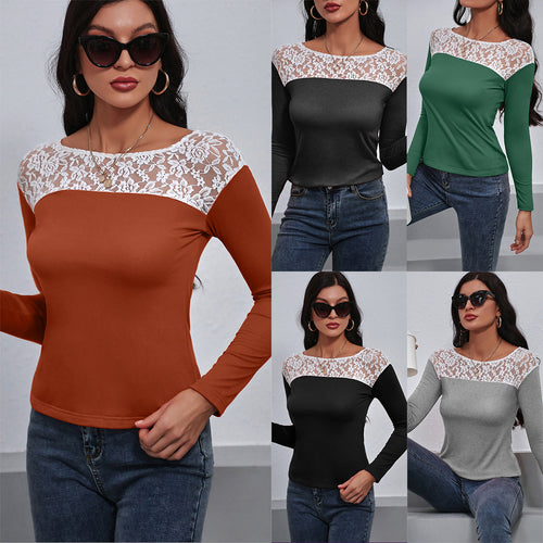 Damen elegantes Langarmshirt mit floralen Spitzendetails R&B