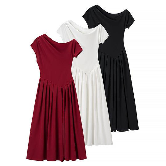 Damen Midi-Kleid mit elegantem Faltenrock und offenkantigem Ausschnitt R&B