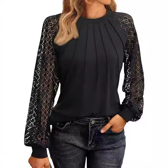 Damen Elegantes Oberteil mit dekorativen Spitzenärmeln und gerafftem Detail R&B