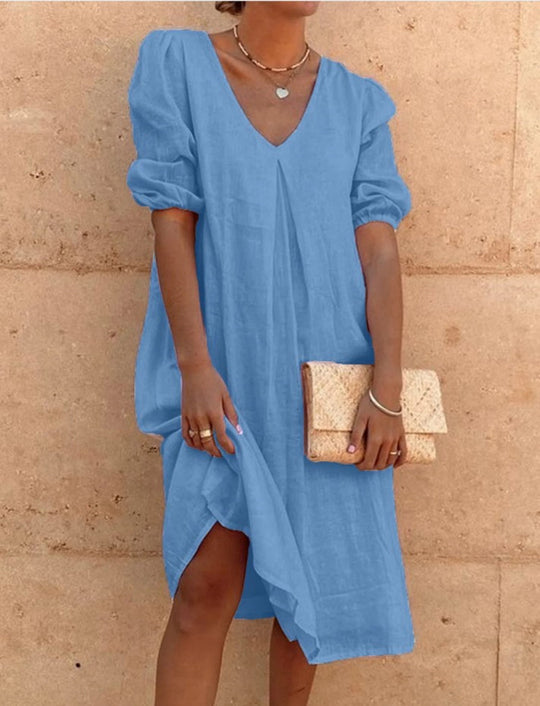Damen lässiges Leinenkleid mit V-Ausschnitt und Puffärmeln R&B