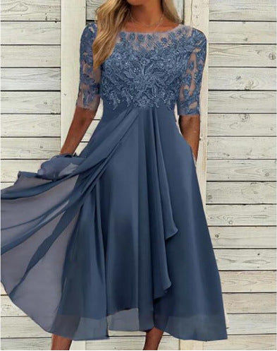 Damen Elegantes Midikleid mit Spitzenärmeln und schwingendem Rock R&B