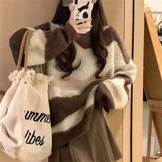 Damen Grobstrickpullover mit modischem Streifenmuster und lässigem Schnitt R&B