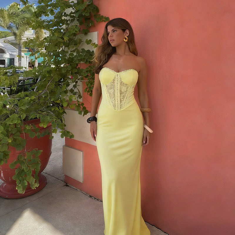 Damen elegantes Bodycon-Maxikleid mit Spitzenakzenten R&B