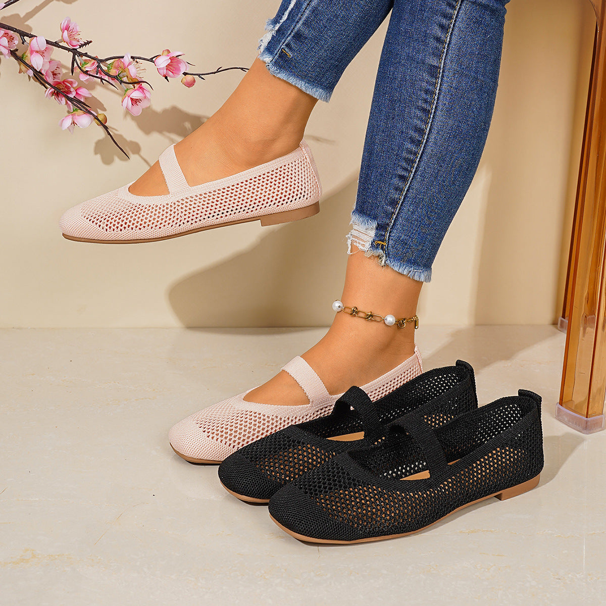 Damen Netz-Ballerinas mit verstellbarem Riemen R&B