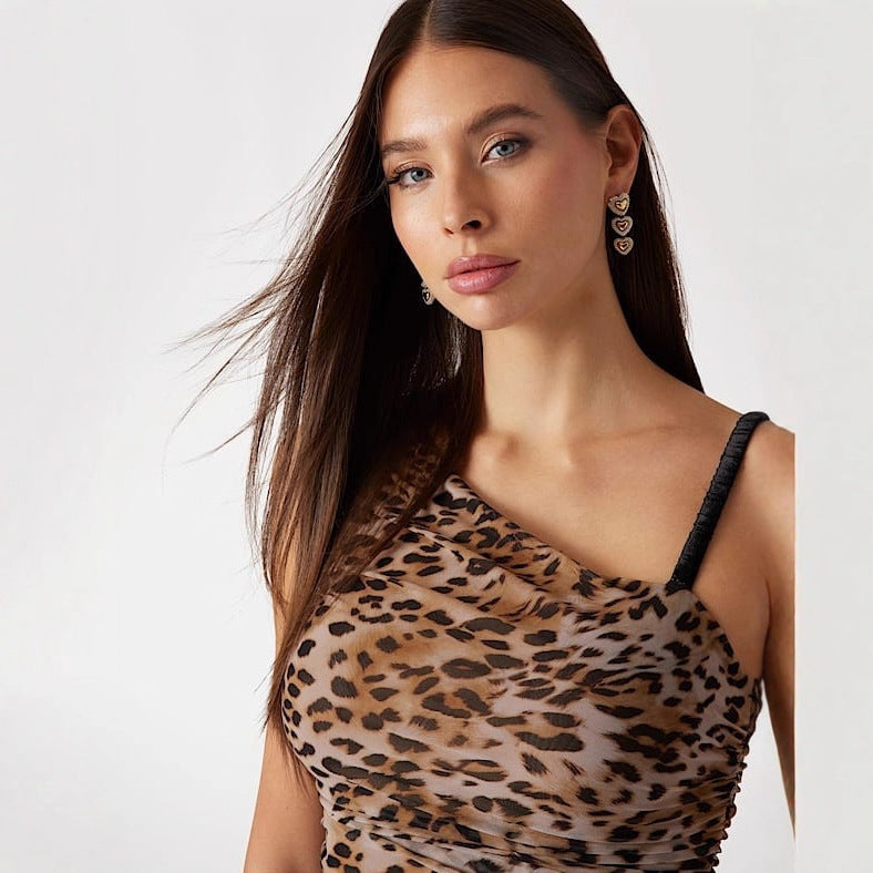 Damen Asymmetrisches Top mit Leopardenmuster und raffinierten Rüschen R&B