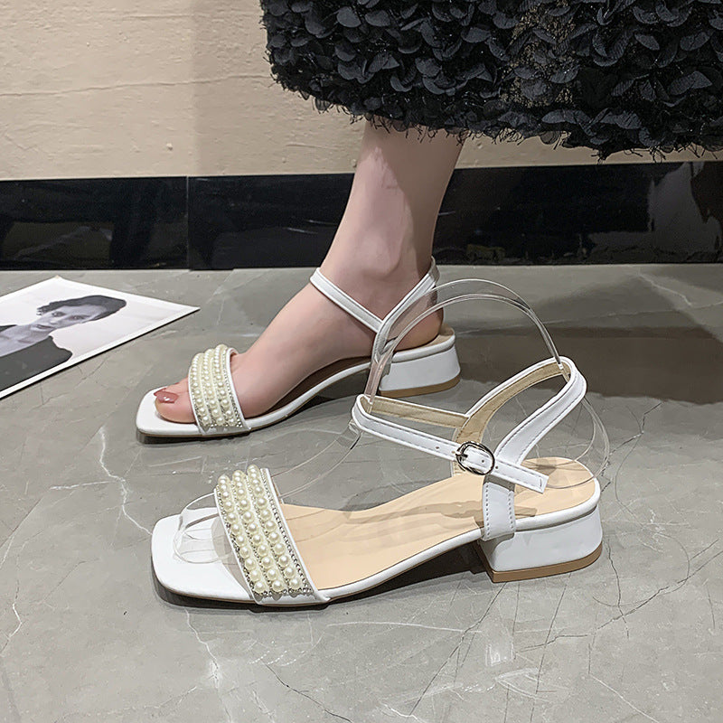 Damen elegante Sandalen mit Perlenverzierung und niedrigem Blockabsatz R&B
