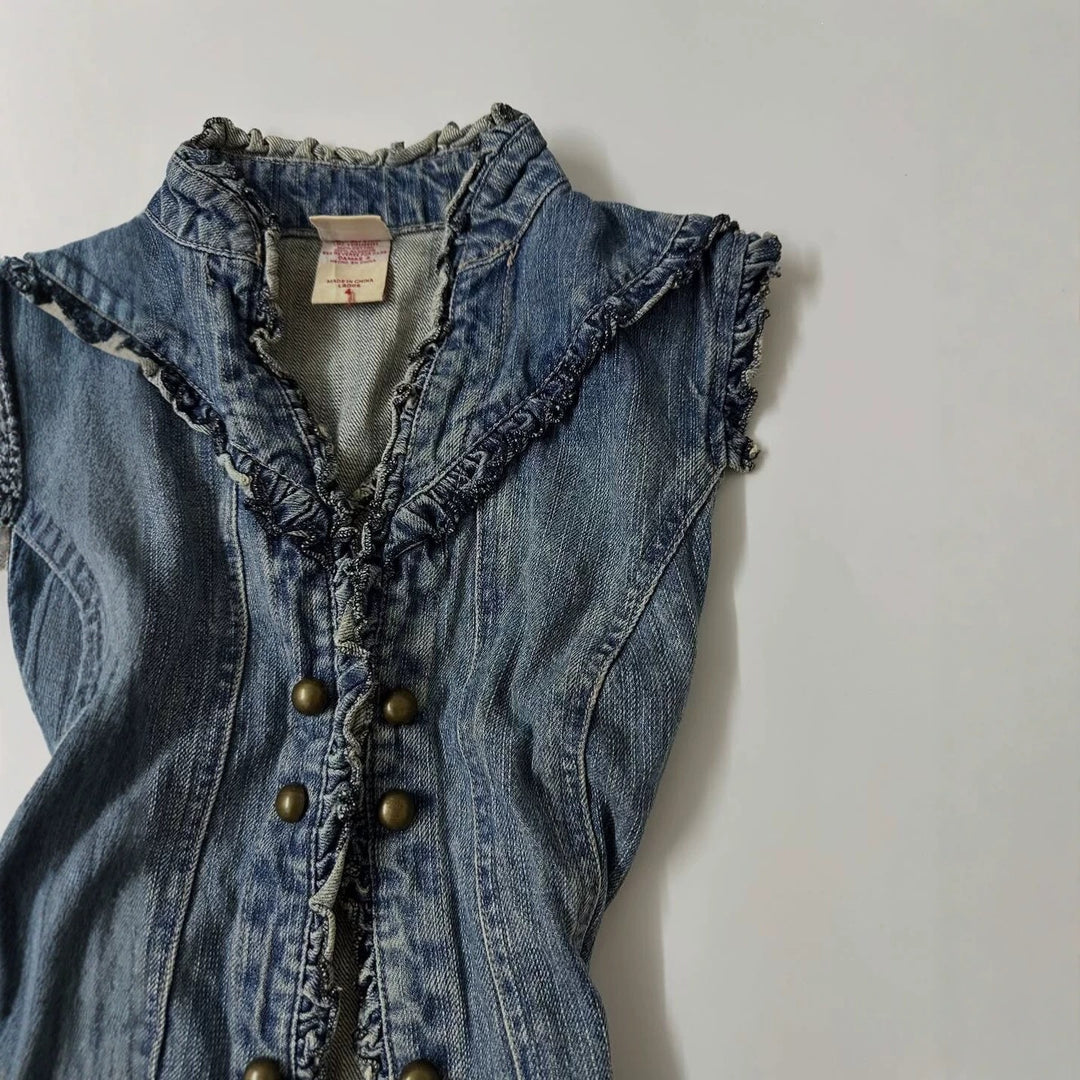 Damen Denim-Weste mit verspieltem Rüschendesign R&B