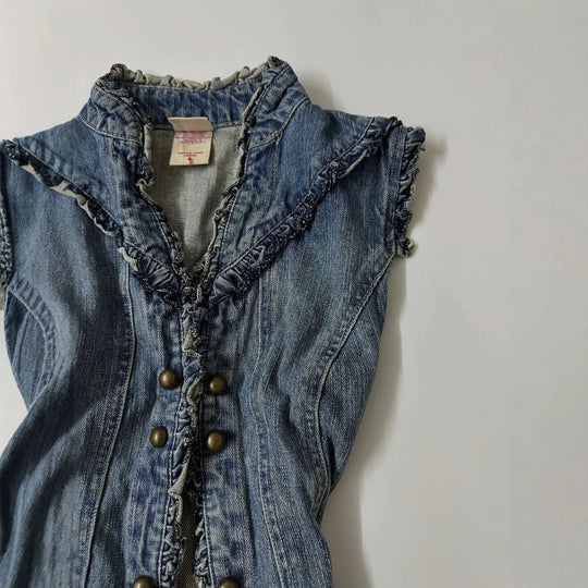 Damen Denim-Weste mit verspieltem Rüschendesign R&B