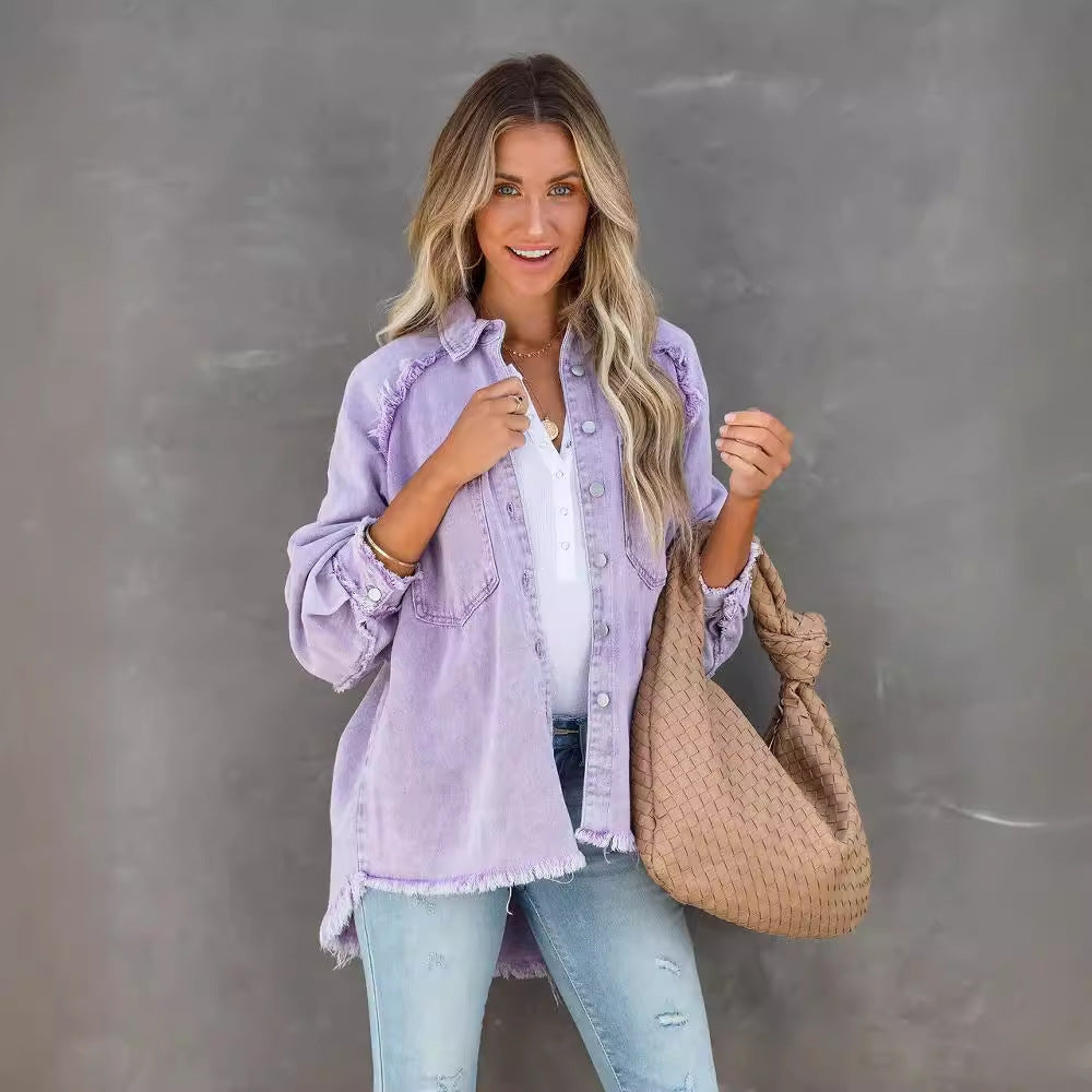 Damen Lässige Denim-Übergangsjacke im Vintage-Stil mit fransigen Details R&B
